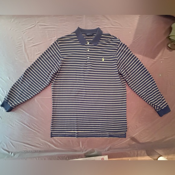 Polo Golf by Ralph Lauren Blue/Yellow Striped Polo Long Sleeve Shirt size Large - Picture 3 of 11